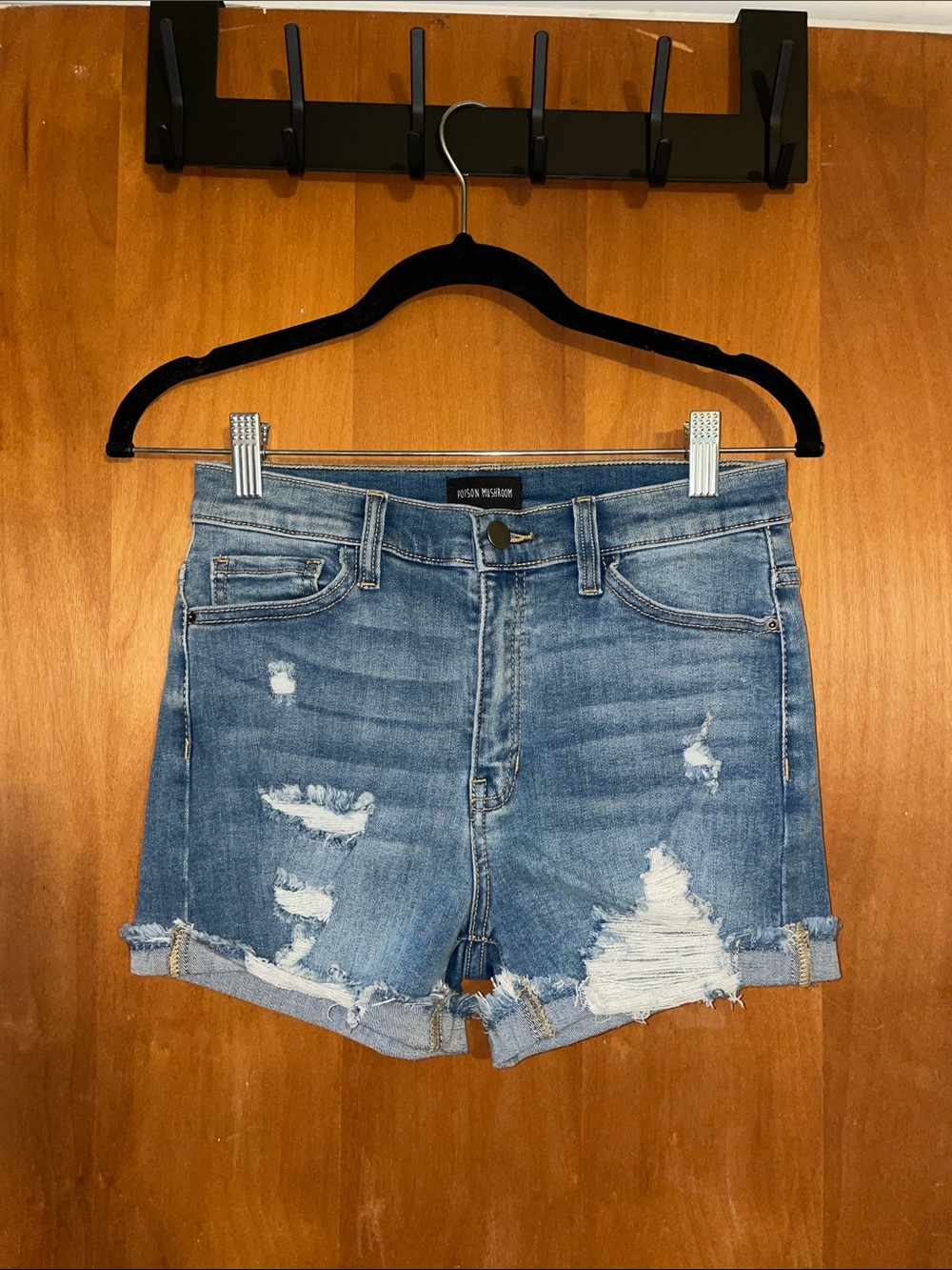 Light Blue Distressed Rolled-Cuff Denim Shorts